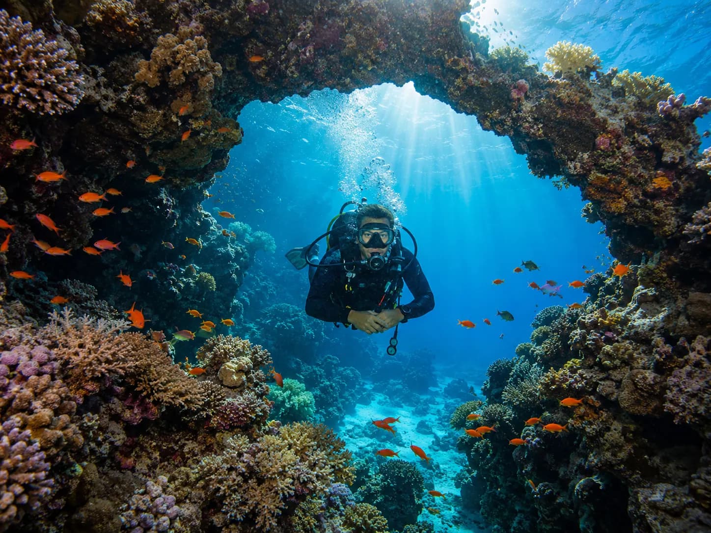 Diver gliding through a Red Sea coral arch with sun rays and reef fish